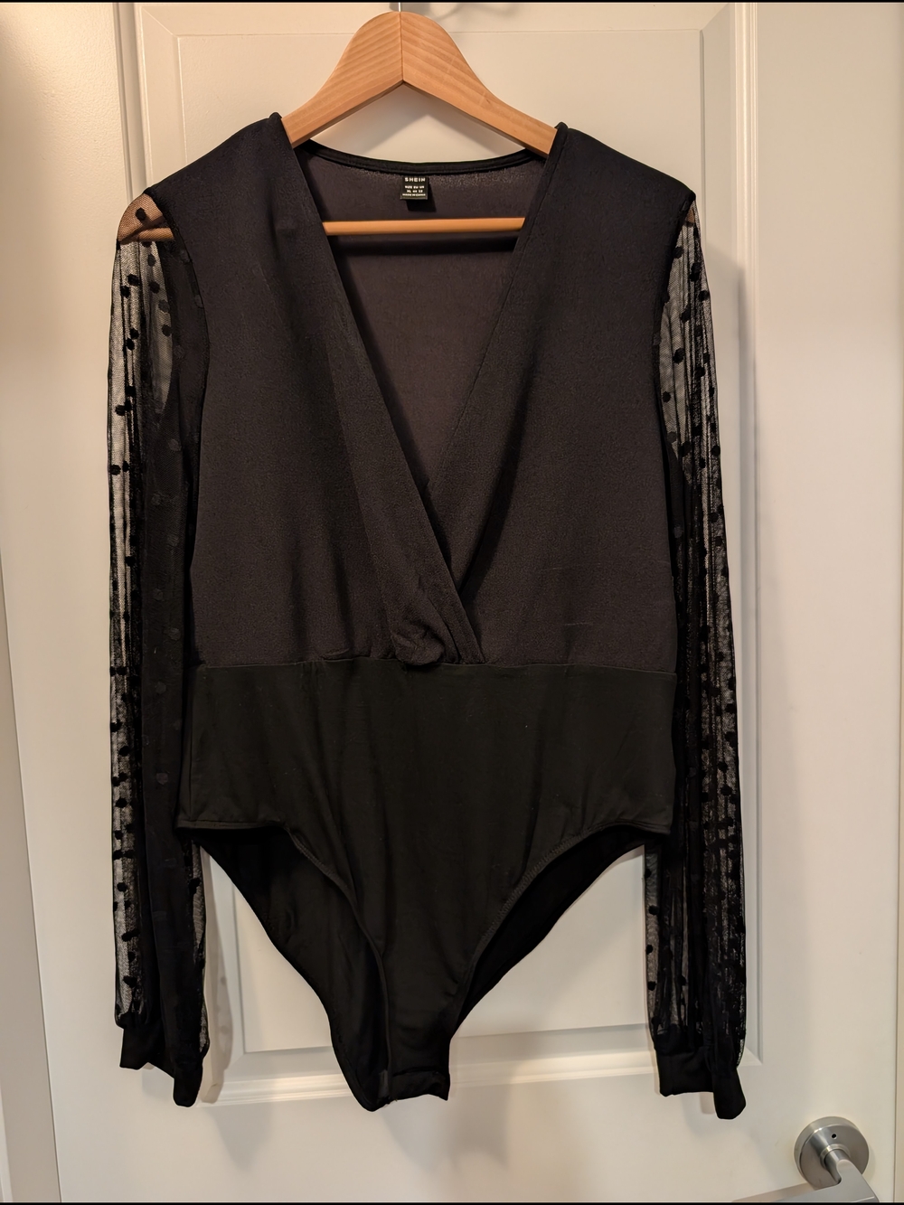SHEIN Black Deep V Mesh Sleeve Bodysuit